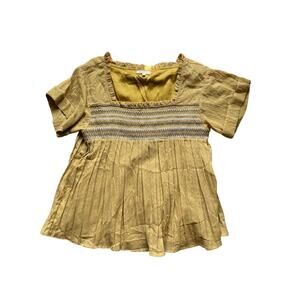 Women's Babydoll Embroidered Blouse Flowy Peasant Mustard Yellow Size Large